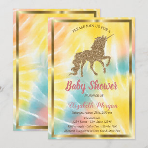 Elegant Guld Glitter Enhörning Tie Dye Barnkalas Inbjudningar