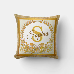 Elegant Guld Glitter Fjäril och Blomma Kudde
