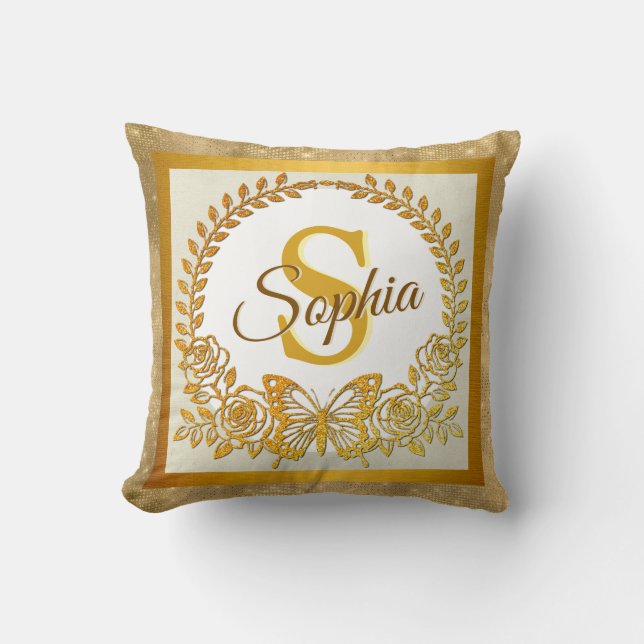 Elegant Guld Glitter Fjäril och Blomma Kudde (Framsida)