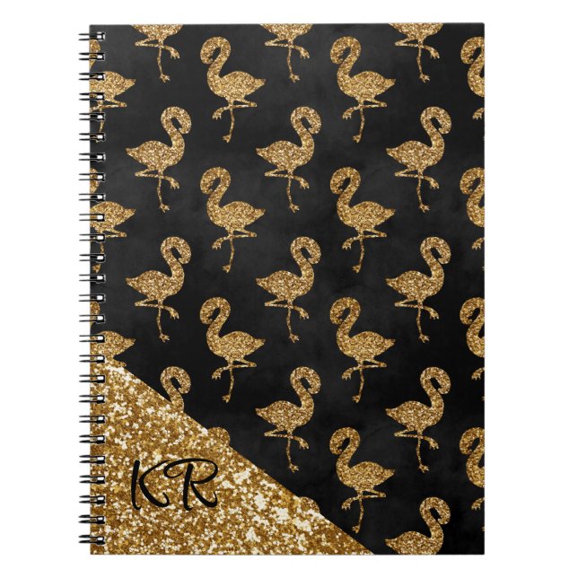 Elegant Guld Glitter Flamingo Mönstermonogrammat Anteckningsbok (Framsidan)