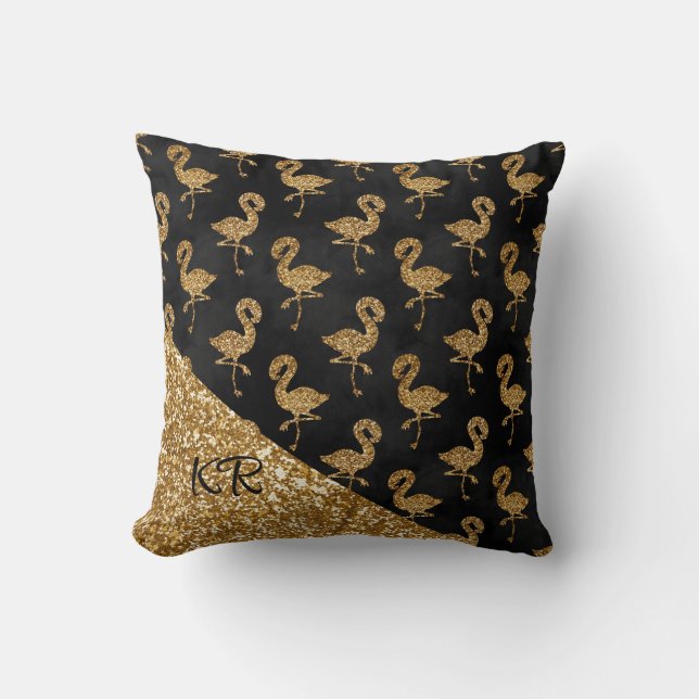 Elegant Guld Glitter Flamingo Mönstermonogrammat Kudde (Framsida)