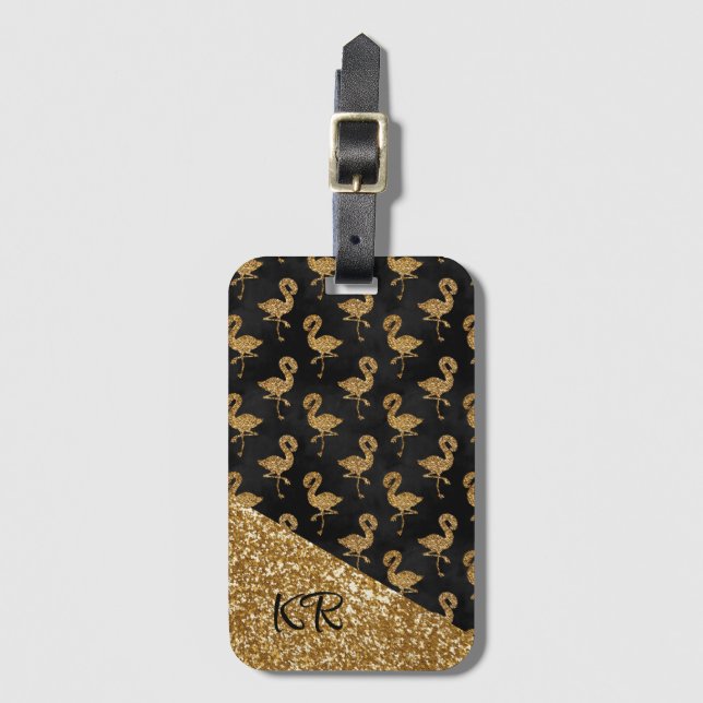 Elegant Guld Glitter Flamingos Monogrammed Bagagebricka (Framsida vertikal)