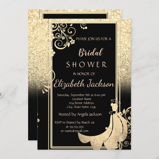 Elegant Guld Glitter Flowers Dress Möhippa Inbjudningar (Fram/baksida)