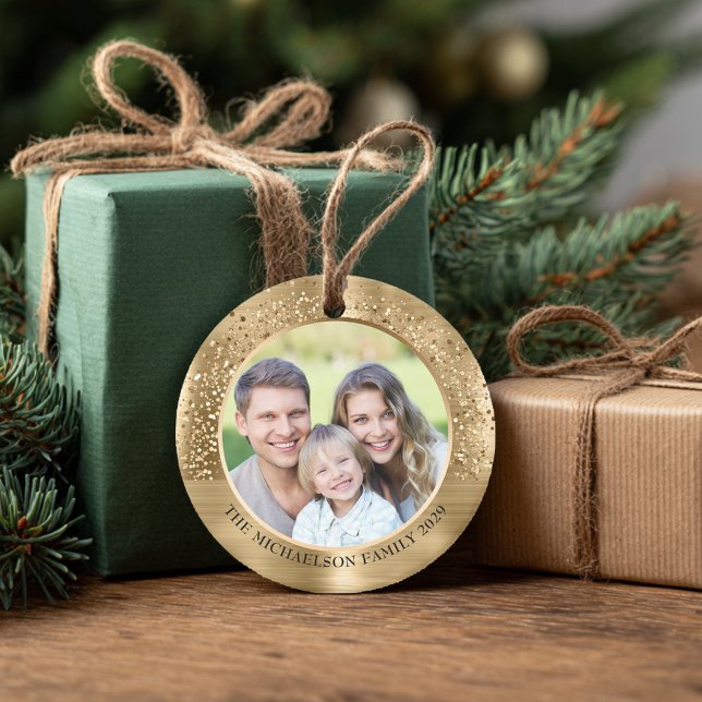 Elegant Guld Glitter, fotopatal jul Julgransprydnad Keramik (Elegant Gold Glitter Photo Metallic Christmas Ceramic Ornament
)