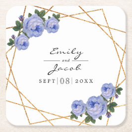 Elegant Guld Glitter Geometric Blue Blommigt Bröll Underlägg Papper Kvadrat