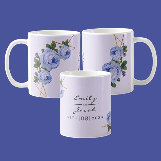 Elegant Guld Glitter Geometric Blue Blommigt Wed Kaffemugg (Elegant Gold Glitter Geometric Blue Floral Wed Coffee Mug)