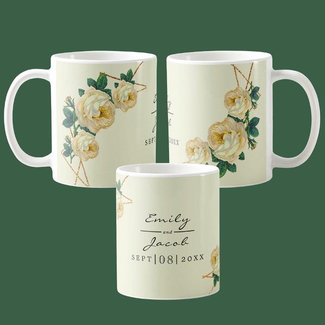 Elegant Guld Glitter Geometric Gult Blommigt Wed Kaffemugg (Elegant Gold Glitter Geometric Yellow Floral Wed Coffee Mug)
