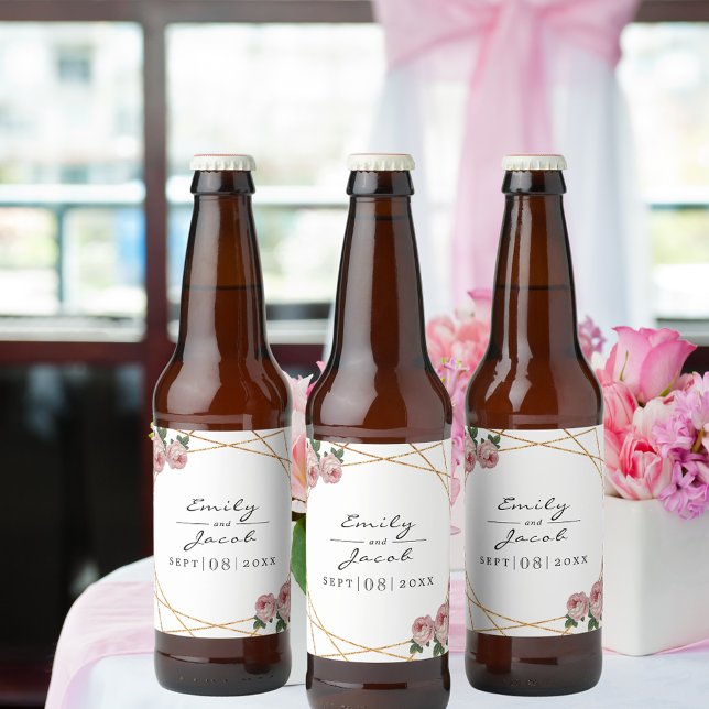 Elegant Guld Glitter Geometric Rosa Blommigt Bröll Ölflaska Etikett (Elegant Gold Glitter Geometric Pink Floral Wedding Beer Bottle Label)