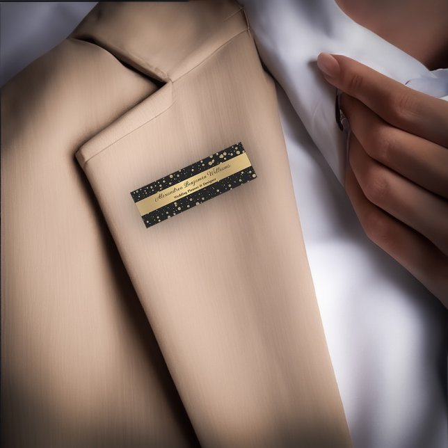 Elegant Guld Glitter Gnistra Black Personalize Namnbricka (Elegant Gold Glitter Sparkle Black Personalize Name Tag  wear at work or convention. Personalize it.)