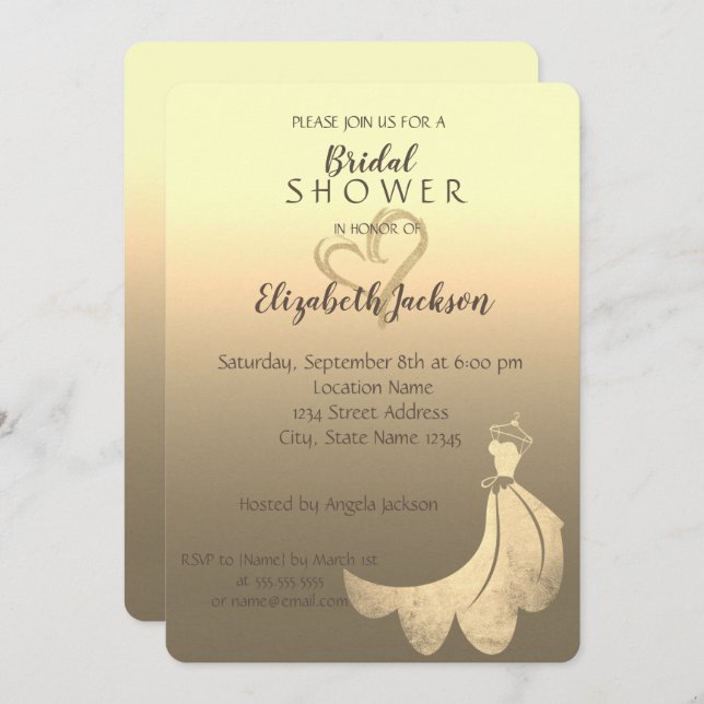 Elegant Guld Glitter Heart, Dress Möhippa Inbjudningar (Fram/baksida)