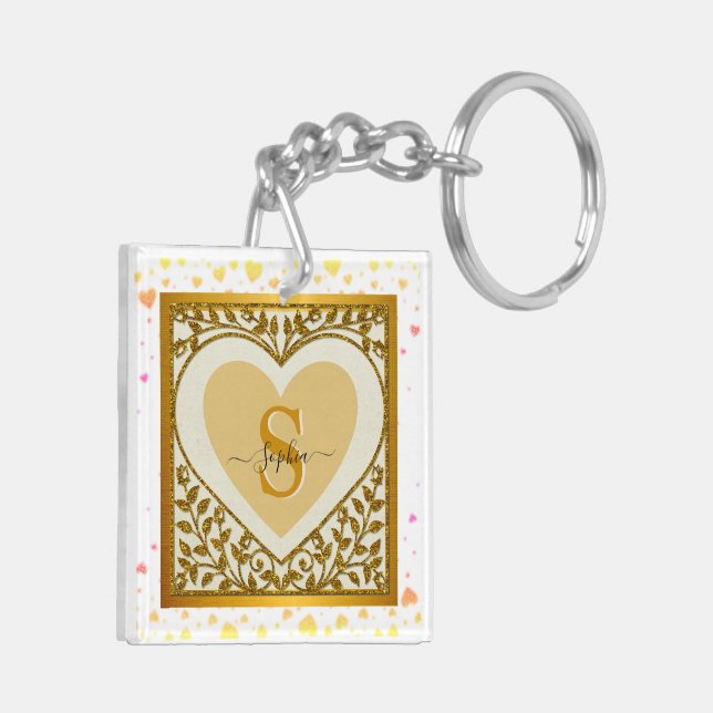 Elegant Guld Glitter Heart Initial & Namn Keychain (Vänster Baksida)