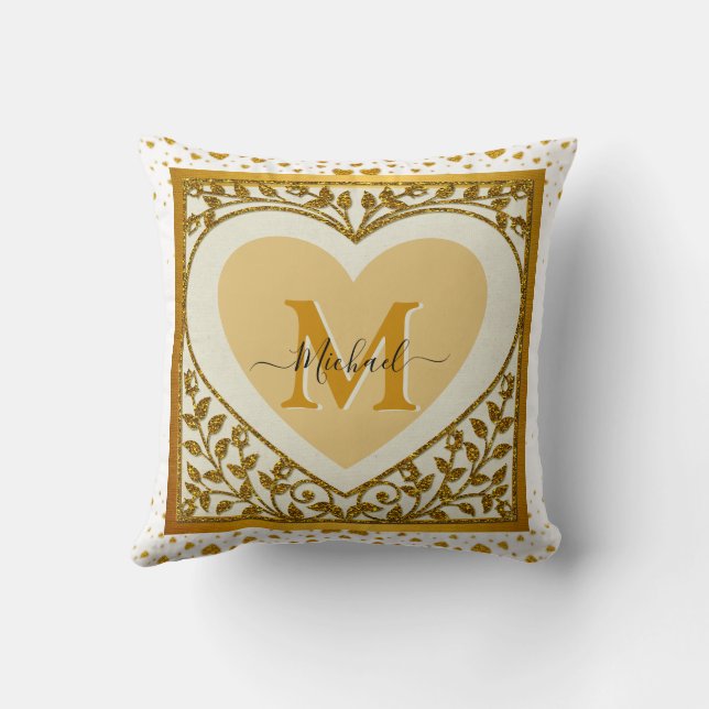 Elegant Guld Glitter Heart Initial & Namn Kudde (Baksida)