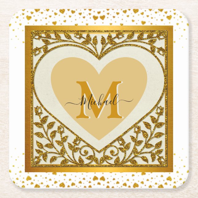 Elegant Guld Glitter Heart Initial & Namn Underlägg Papper Kvadrat (Framsidan)