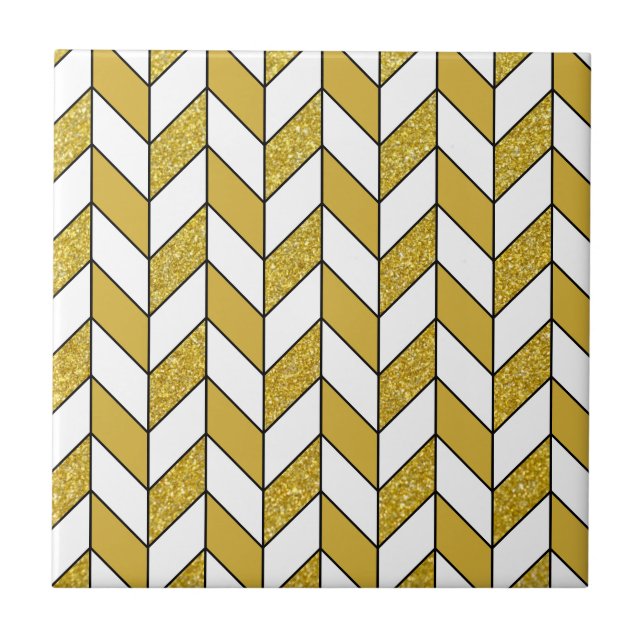 Elegant Guld Glitter Herringbone Chevron Mönster Kakelplatta (Framsidan)