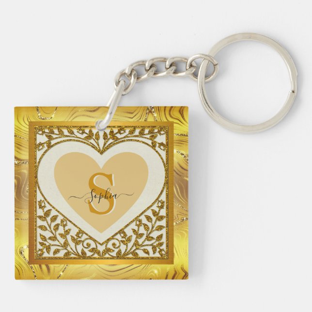 Elegant Guld Glitter Hjärtinitial & Namn Nyckelrin (Baksidan)