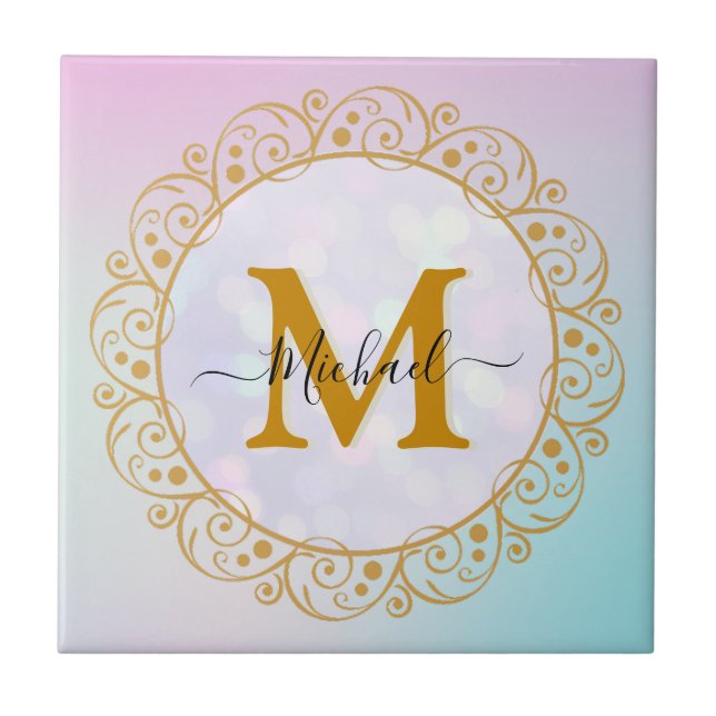 Elegant Guld Glitter Initial & Namn Kakelplatta (Framsidan)