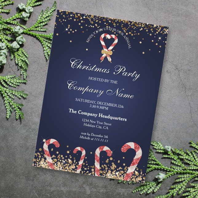 Elegant Guld Glitter, julbolag Party Inbjudningar (elegant navy glitter candy cane)