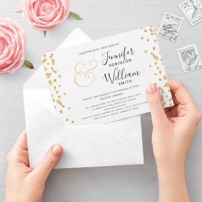 Elegant Guld Glitter Konfetti Bröllop Inbjudningar (Elegant Gold Glitter Confetti Script Wedding Invitation)