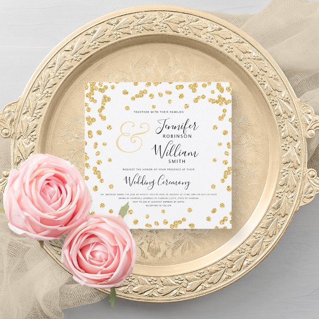 Elegant Guld Glitter Konfetti Bröllop Inbjudningar (Elegant Gold Glitter Confetti Script Wedding Invitation)