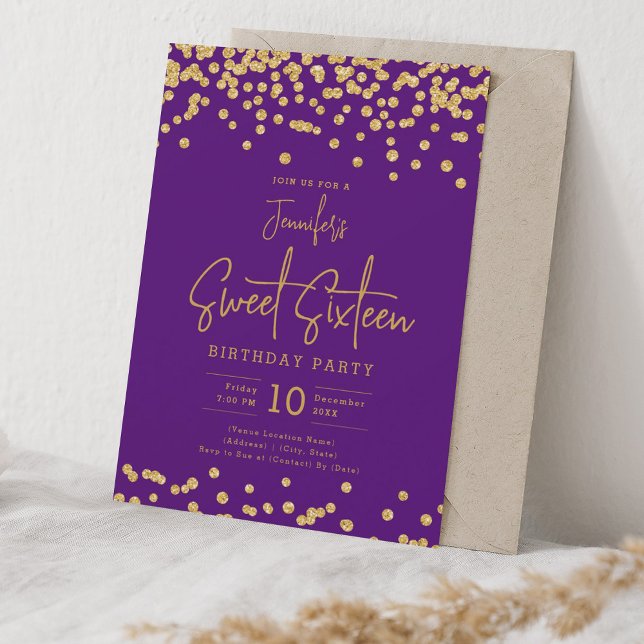 Elegant Guld Glitter Konfetti, sötad 16 Lila Inbjudningar (Elegant Gold Glitter Confetti Sweet 16 Purple Invitation)