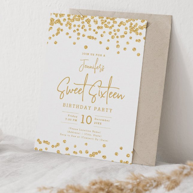 Elegant Guld Glitter Konfetti, sötad 16 Party Inbjudningar (Elegant Gold Glitter Confetti Sweet 16 Party Invitation)