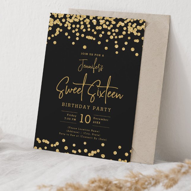 Elegant Guld Glitter Konfetti sötad 16 Party svart Inbjudningar (Skapare uppladdad)