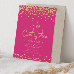 Elegant Guld Glitter Konfetti, sötad 16 Shock rosa Inbjudningar