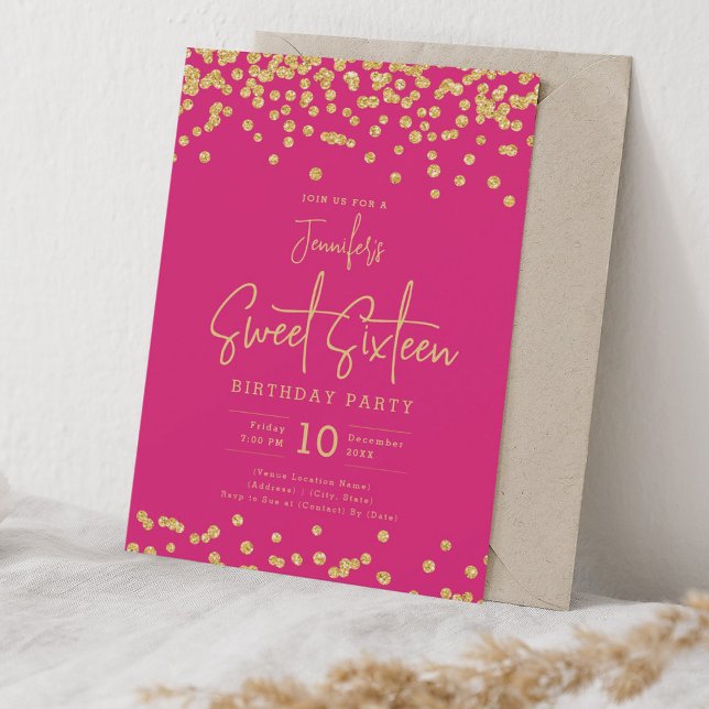 Elegant Guld Glitter Konfetti, sötad 16 Shock rosa Inbjudningar (Elegant Gold Glitter Confetti Sweet 16 Hot Pink Invitation)