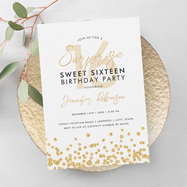 Elegant Guld Glitter Konfetti Surprise Sweet 16 Inbjudningar (Elegant Gold Glitter Confetti Surprise Sweet 16 Invitation)