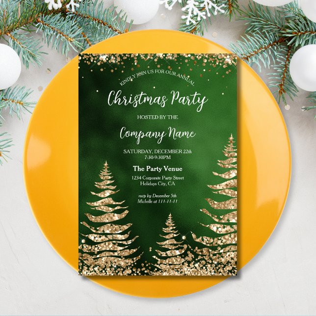 Elegant Guld Glitter korporerar jul Party Inbjudningar (modern glitter pine tree on the green background christmas corporate party invitation)