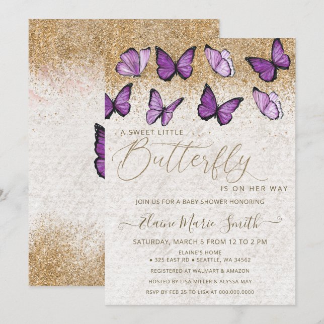 Elegant Guld Glitter Lila Butterfly Baby Shower Inbjudningar (Fram/baksida)