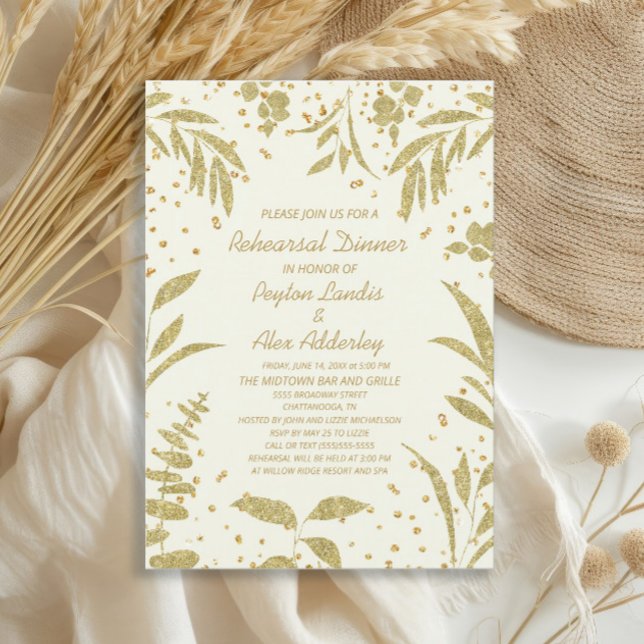 Elegant Guld Glitter Löv Bröllop Rehearsal Inbjudningar (Gold leaves and glitter on cream-colored wedding rehearsal dinner invitation)
