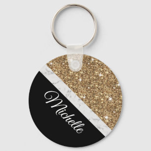 Elegant Guld Glitter Marble Custom Name Black, Chi Nyckelring