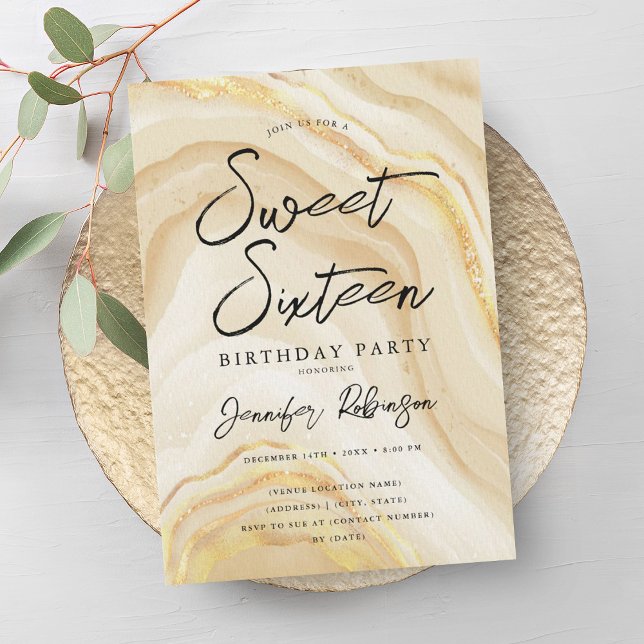 Elegant Guld Glitter Marble Sweet 16 Birthday Inbjudningar (Elegant Gold Glitter Marble Sweet 16 Birthday Invitation)