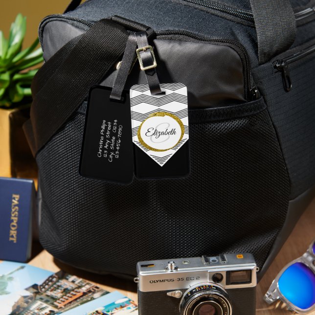 Elegant Guld Glitter Monogram Brev Bagagebricka (Fram & Baksida)