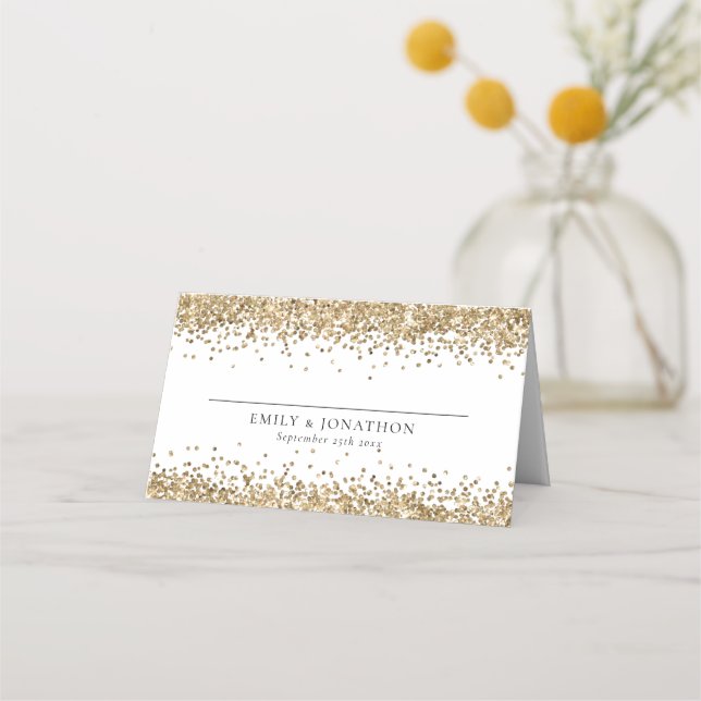 Elegant Guld Glitter Namn Bröllop Placeringskort (Framsida)