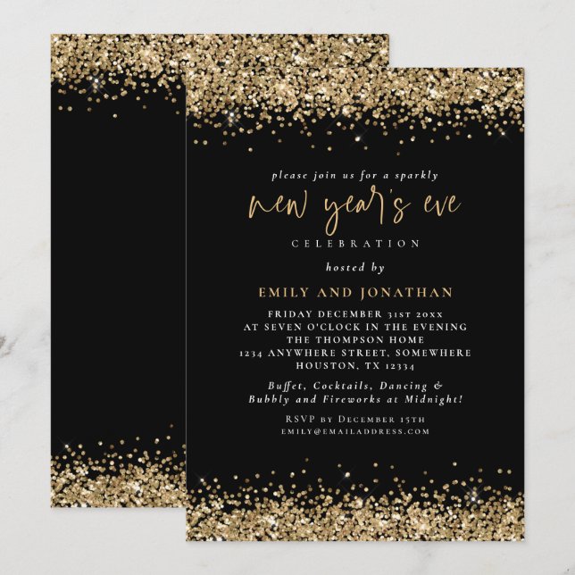 Elegant Guld Glitter Nyårsafton Black Inbjudningar (Fram/baksida)