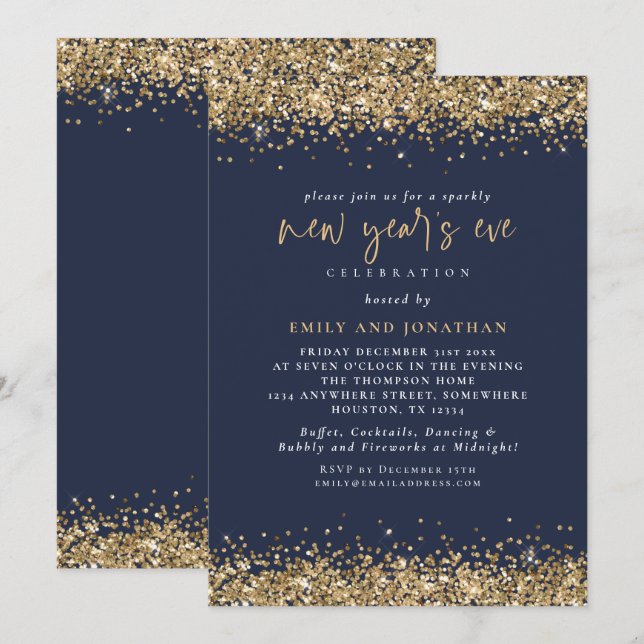 Elegant Guld Glitter Nyårsafton marinblått Inbjudningar (Fram/baksida)