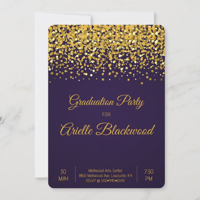 Elegant Guld Glitter och blå Studentfest Inbjudningar (Framsida)