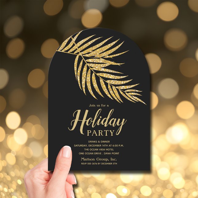 Elegant guld glitter palmer jul julgran inbjudningar (Elegant gold faux glitter palm fronds holiday Christmas invitations, PRINTED and/or INSTANT DOWNLOAD)