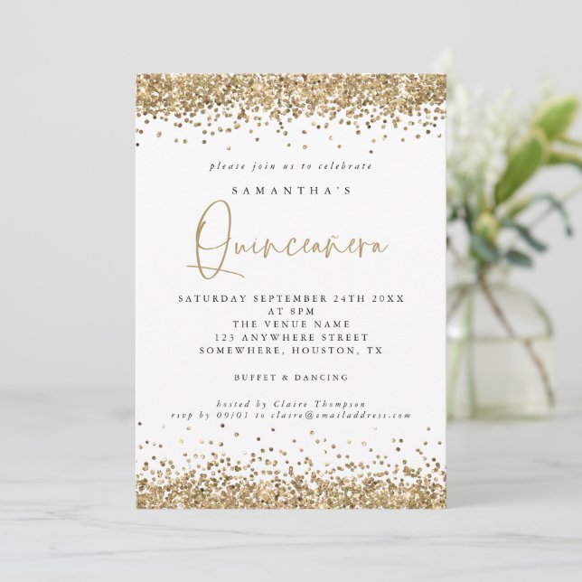 Elegant Guld Glitter Quinceañera 15:e Party Inbjudningar (Stående Fram)