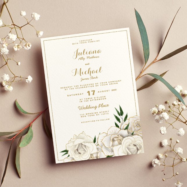 Elegant, guld glitter ro blommigt Bröllop Inbjudningar (Elegant white gold glitter roses floral Wedding Invitation (Front )