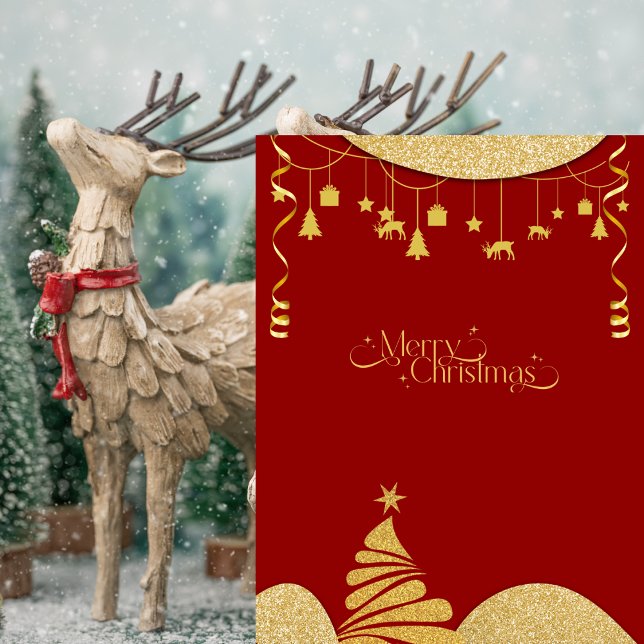 Elegant Guld Glitter & Röd Högtidlig Julkort Helg Vykort (Skapare uppladdad)