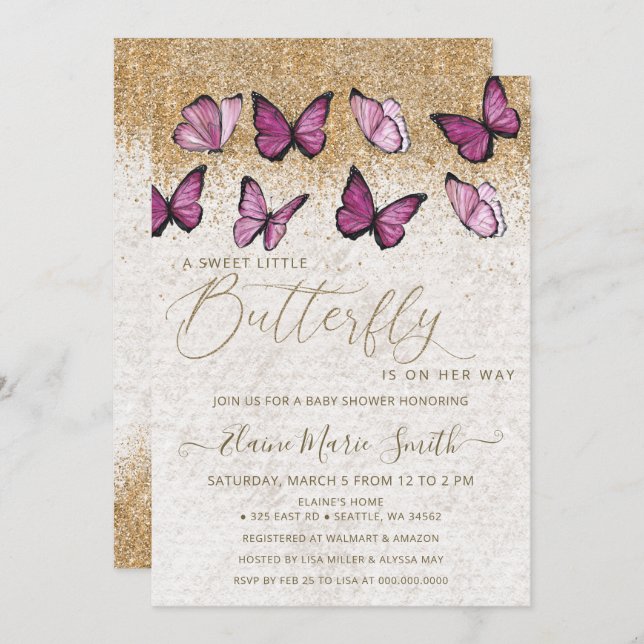 Elegant Guld Glitter Rosa Butterfly Baby Shower Inbjudningar (Fram/baksida)