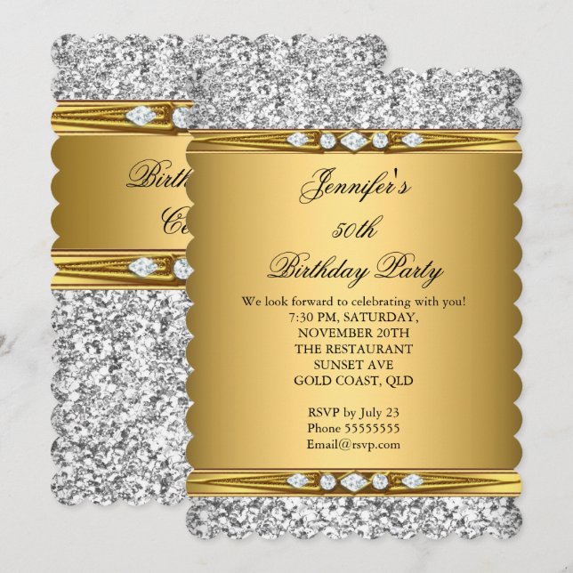 Elegant Guld Glitter Silver Diamant Födelsedagsfes Inbjudningar (Fram/baksida)