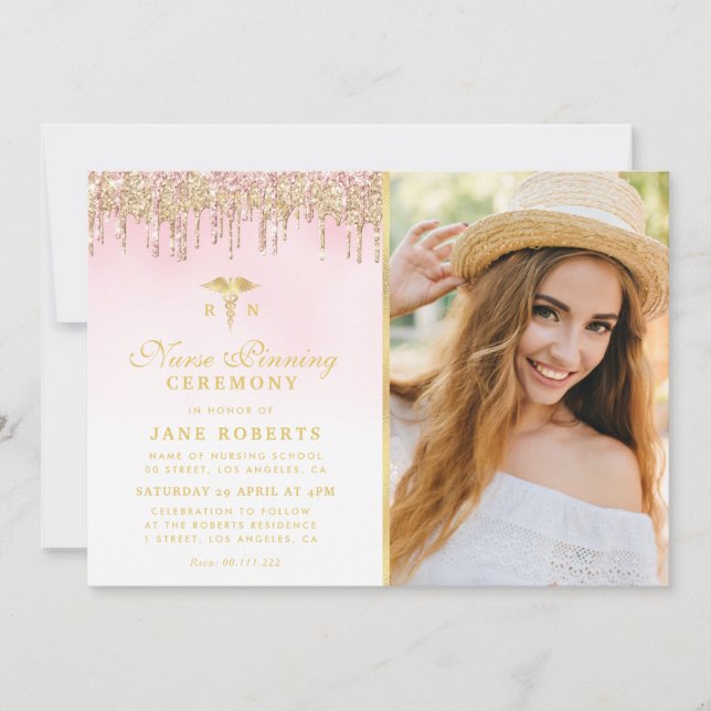 elegant guld glitter, sjuksköterskans pinningscere inbjudningar (Framsida)