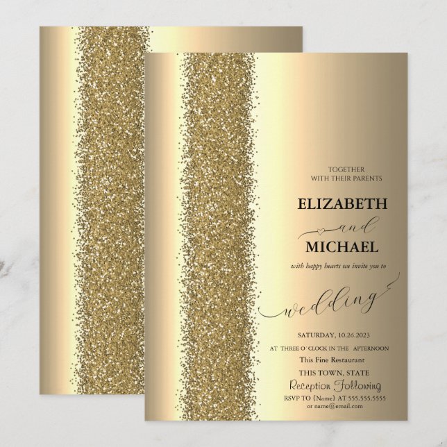 Elegant Guld Glitter Skrift Bröllop Inbjudningar (Fram/baksida)