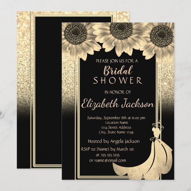 Elegant guld glitter solros klänning bröllopsdusch inbjudningar (Fram/baksida)