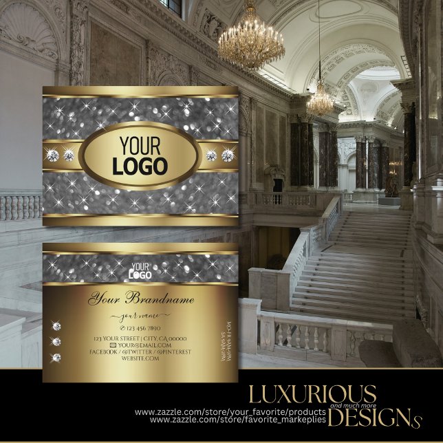 Elegant Guld Glitter Stars Diamonds Logotyp Silver Visitkort (Skapare uppladdad)