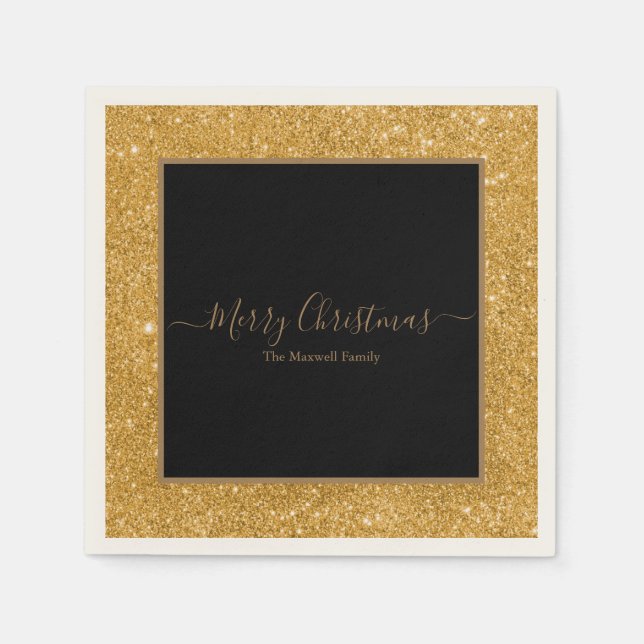 Elegant guld glitter, svart God jul namn Pappersservett (Framsidan)